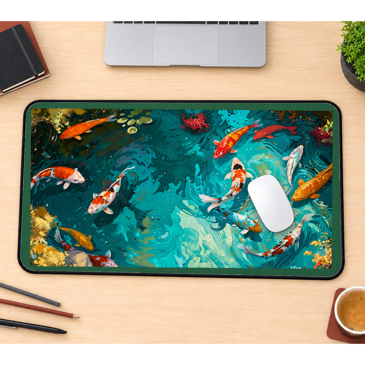 Orange Koi in a Swirling Pond desk mat — product mockup 1