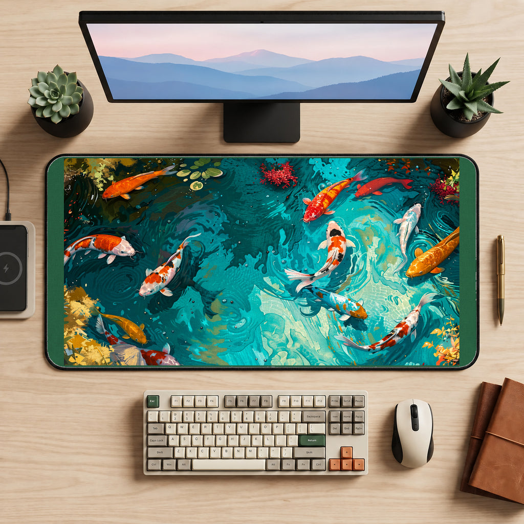 Orange Koi in a Swirling Pond desk mat — product mockup 2