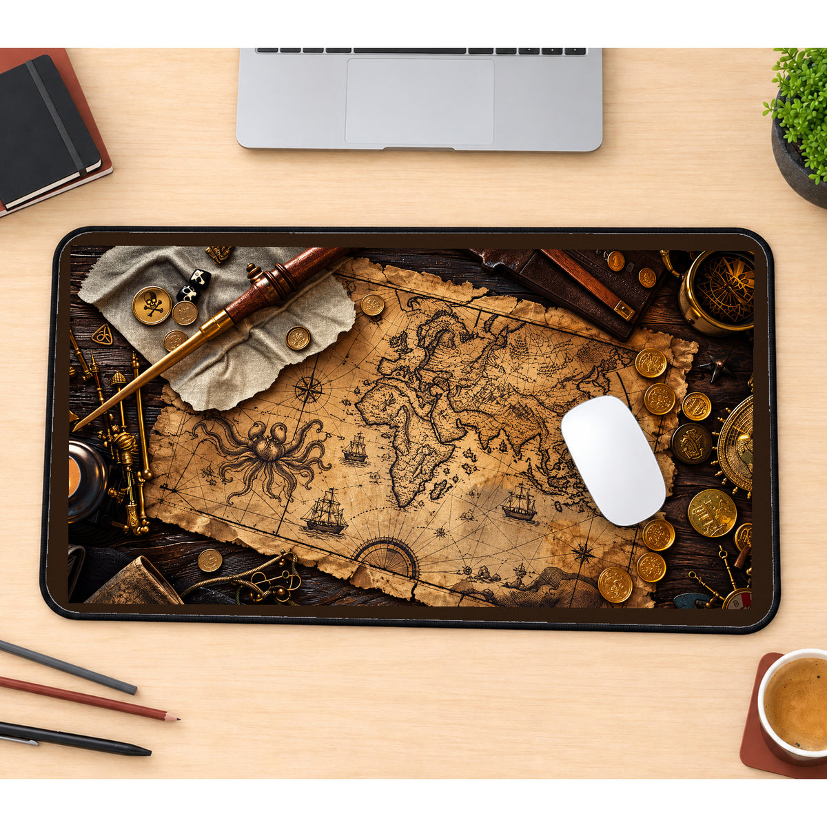 Pirate Chart with Compass and Coins desk mat — product mockup 1