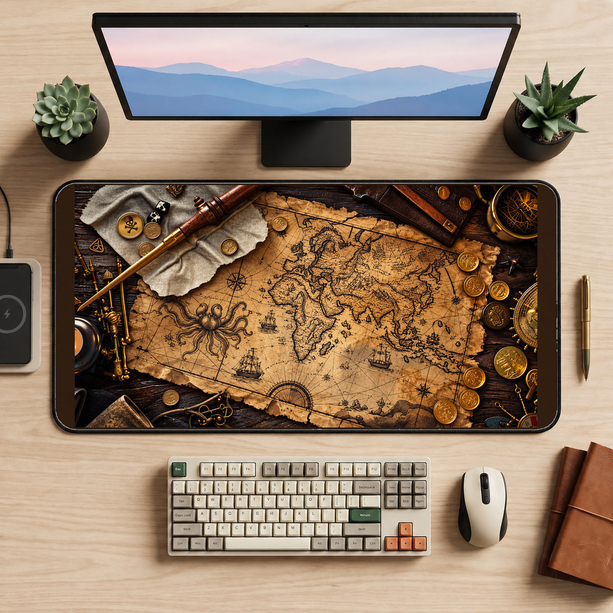 Pirate Chart with Compass and Coins desk mat — product mockup 2