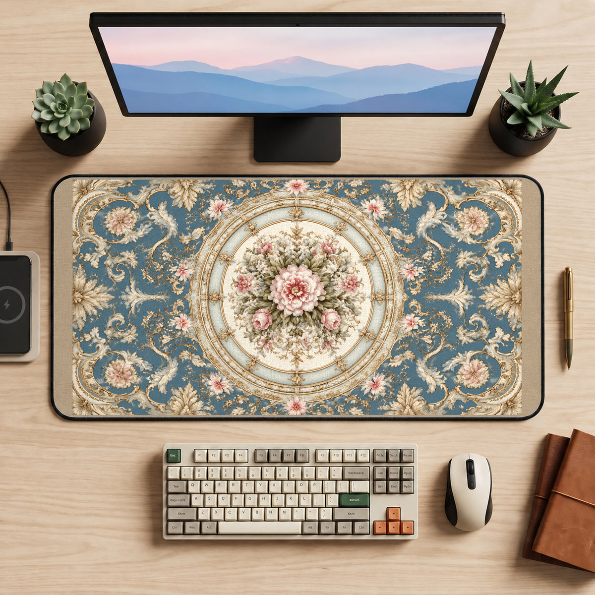 Blue Floral Medallion Tapestry desk mat — product mockup 2