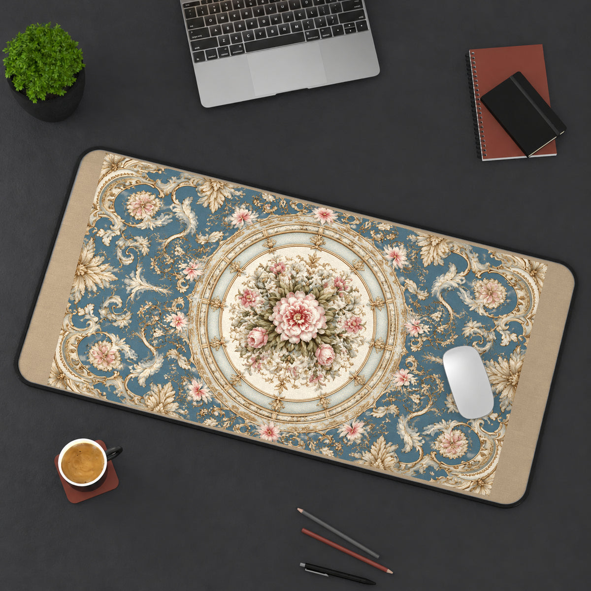 Blue Floral Medallion Tapestry desk mat — product mockup 3