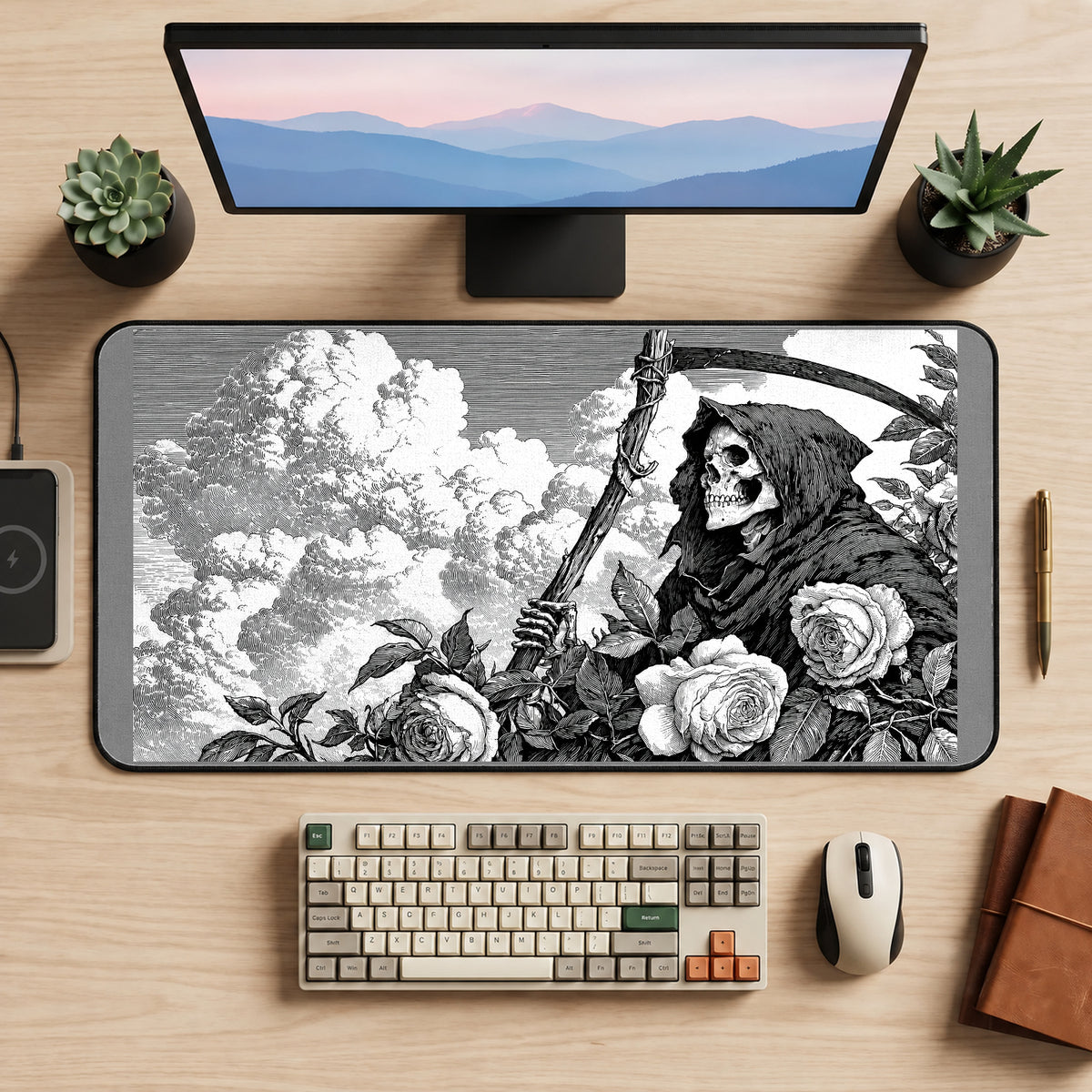 Grim Reaper among Pale Roses desk mat — product mockup 2