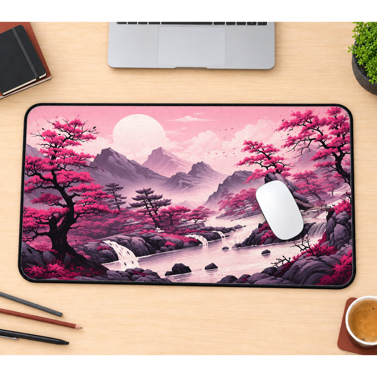 Dreamy Pink Japanese Landscape Desk Mat — product mockup 1