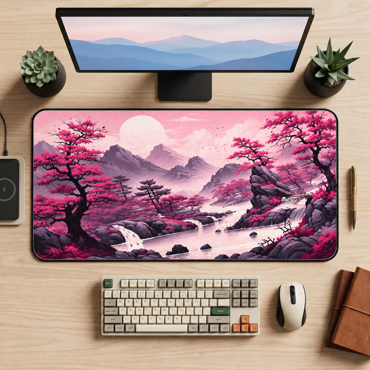 Dreamy Pink Japanese Landscape Desk Mat — product mockup 2