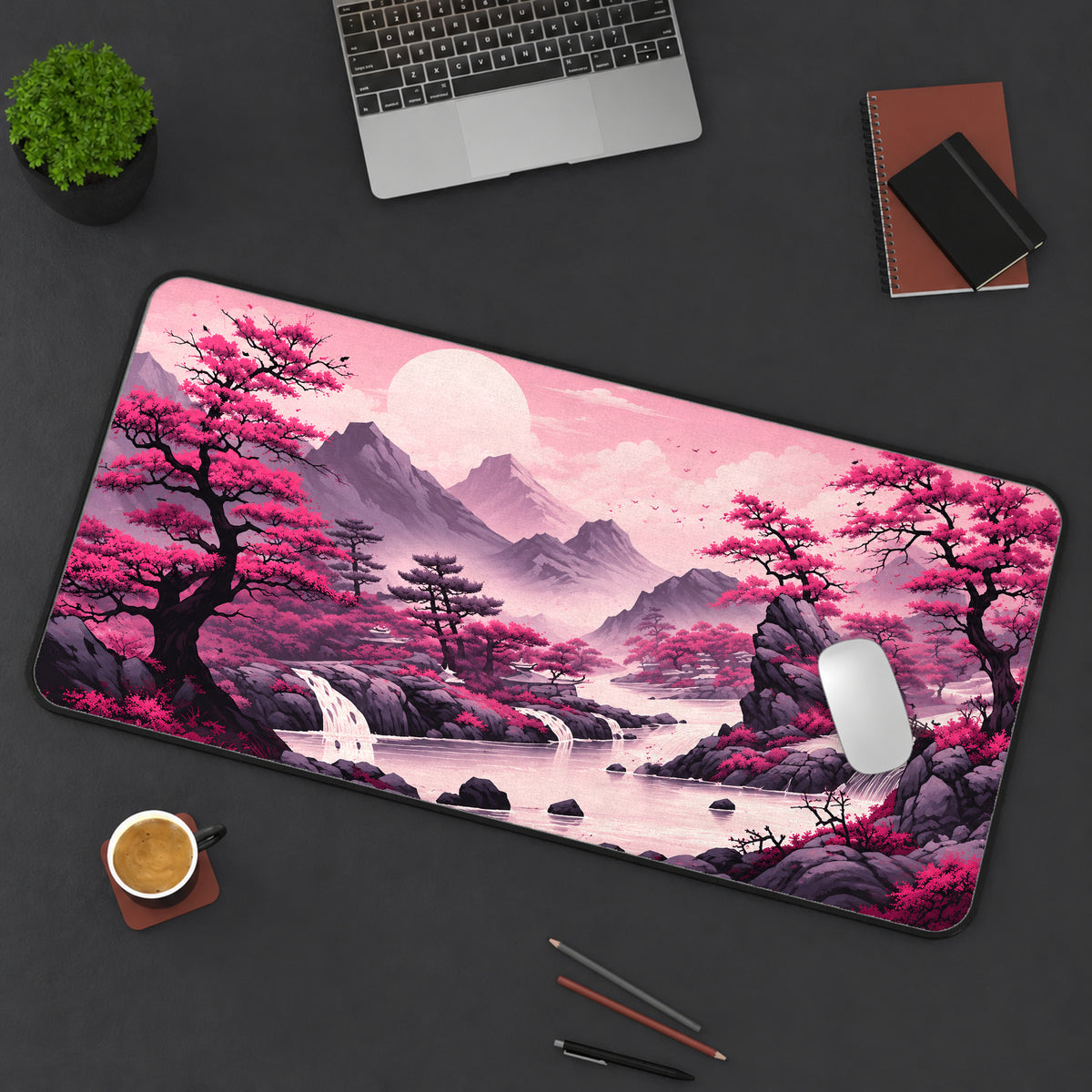Dreamy Pink Japanese Landscape Desk Mat — product mockup 3