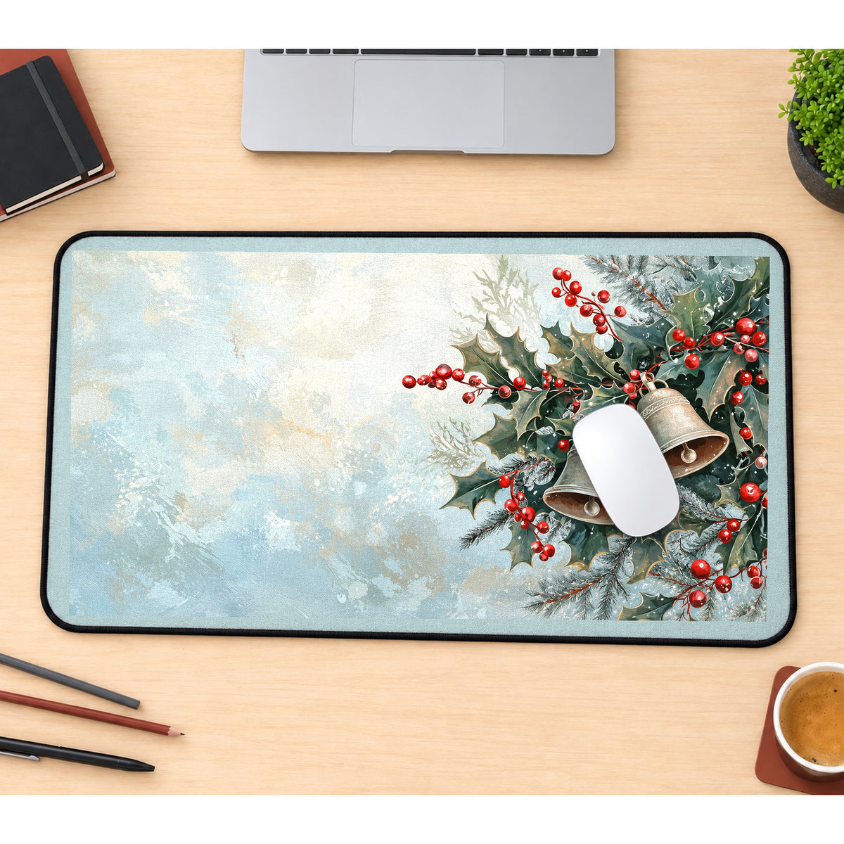 Silver Bells with Holly and Frost desk mat — product mockup 1