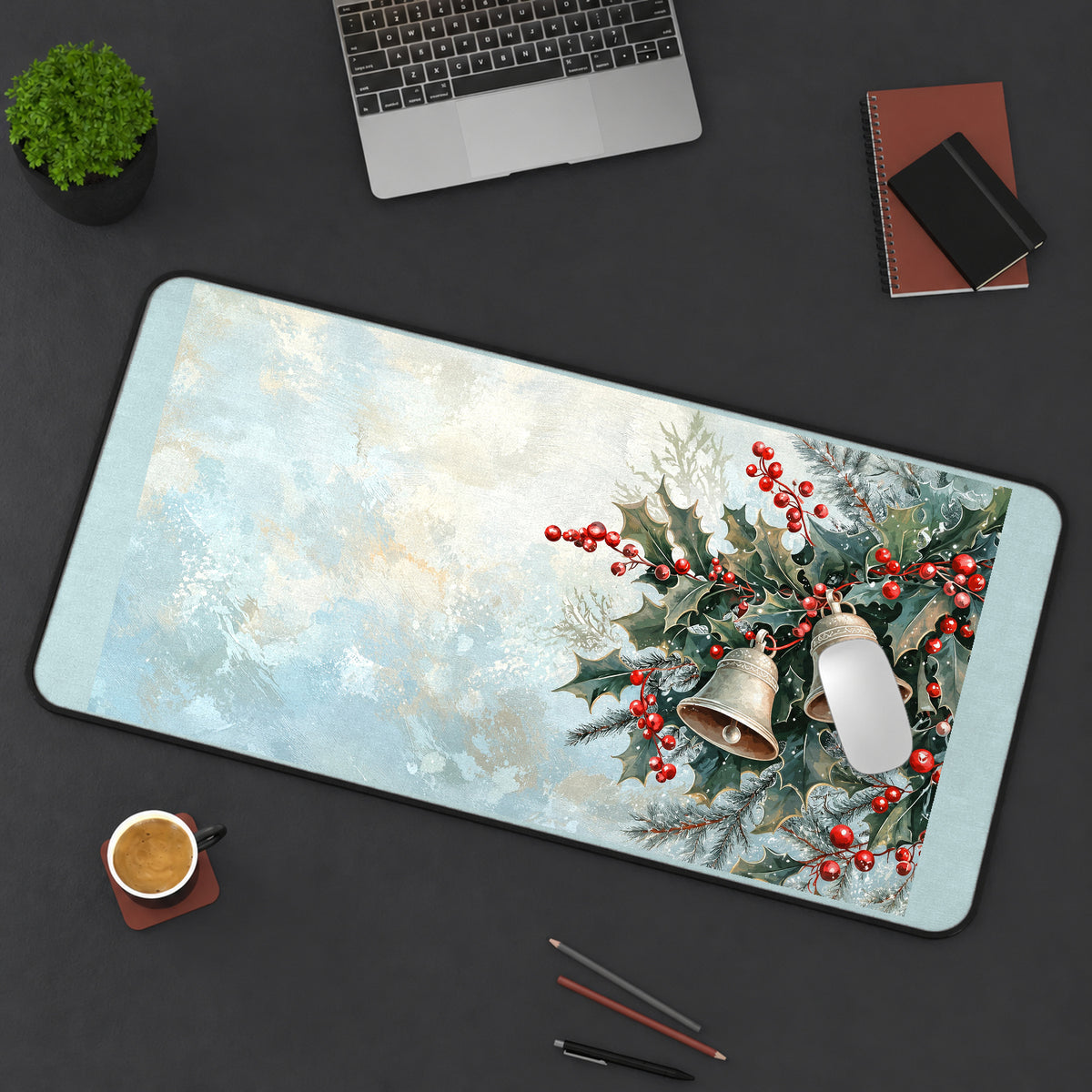 Silver Bells with Holly and Frost desk mat — product mockup 3