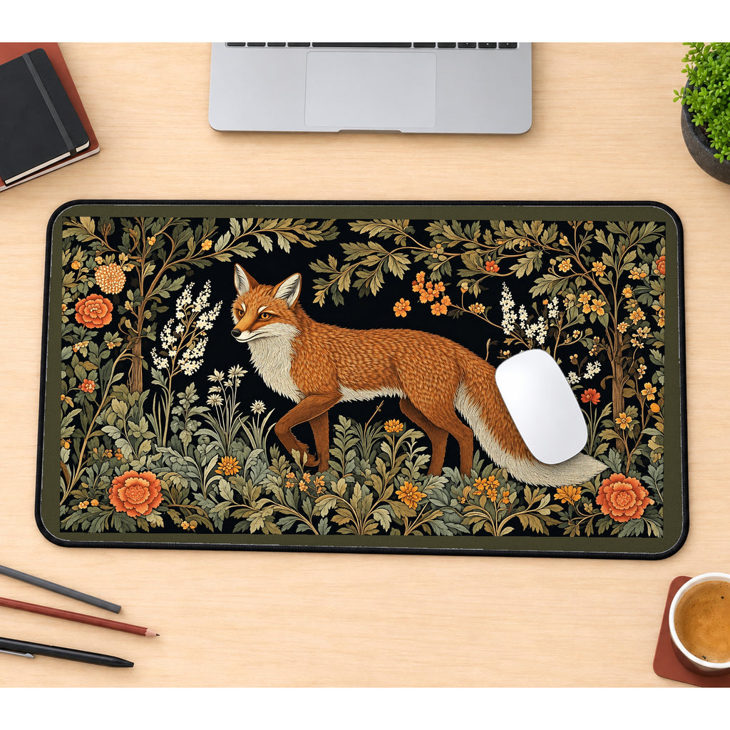 Red Fox in a Flowering Wood desk mat — product mockup 1