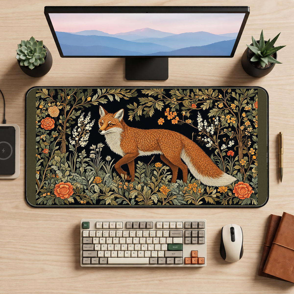 Red Fox in a Flowering Wood desk mat — product mockup 2