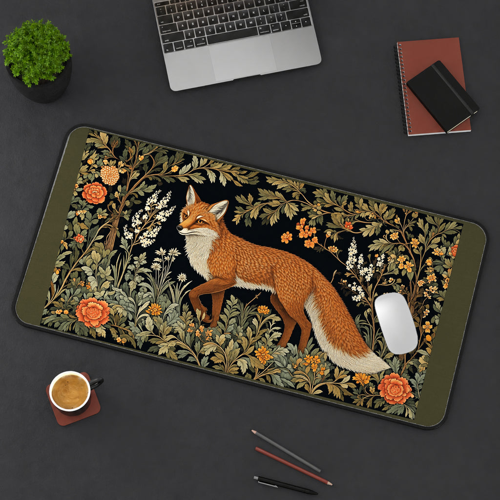 Red Fox in a Flowering Wood desk mat — product mockup 3