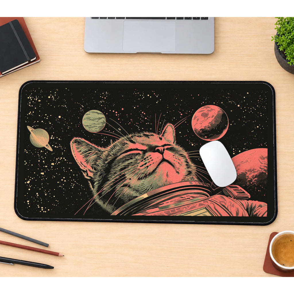 Astronaut Cat among Red Planets desk mat — product mockup 1