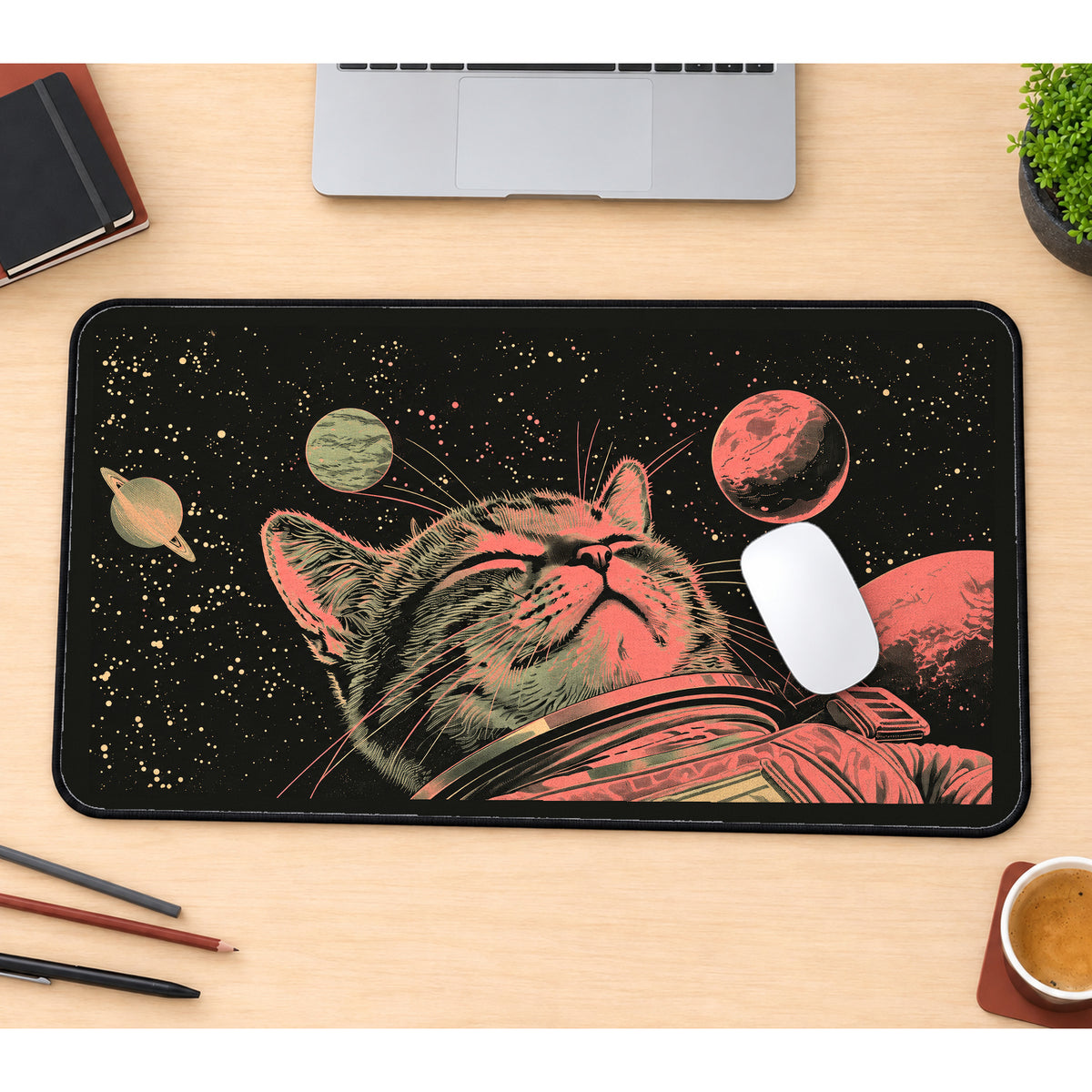 Astronaut Cat among Red Planets desk mat — product mockup 1