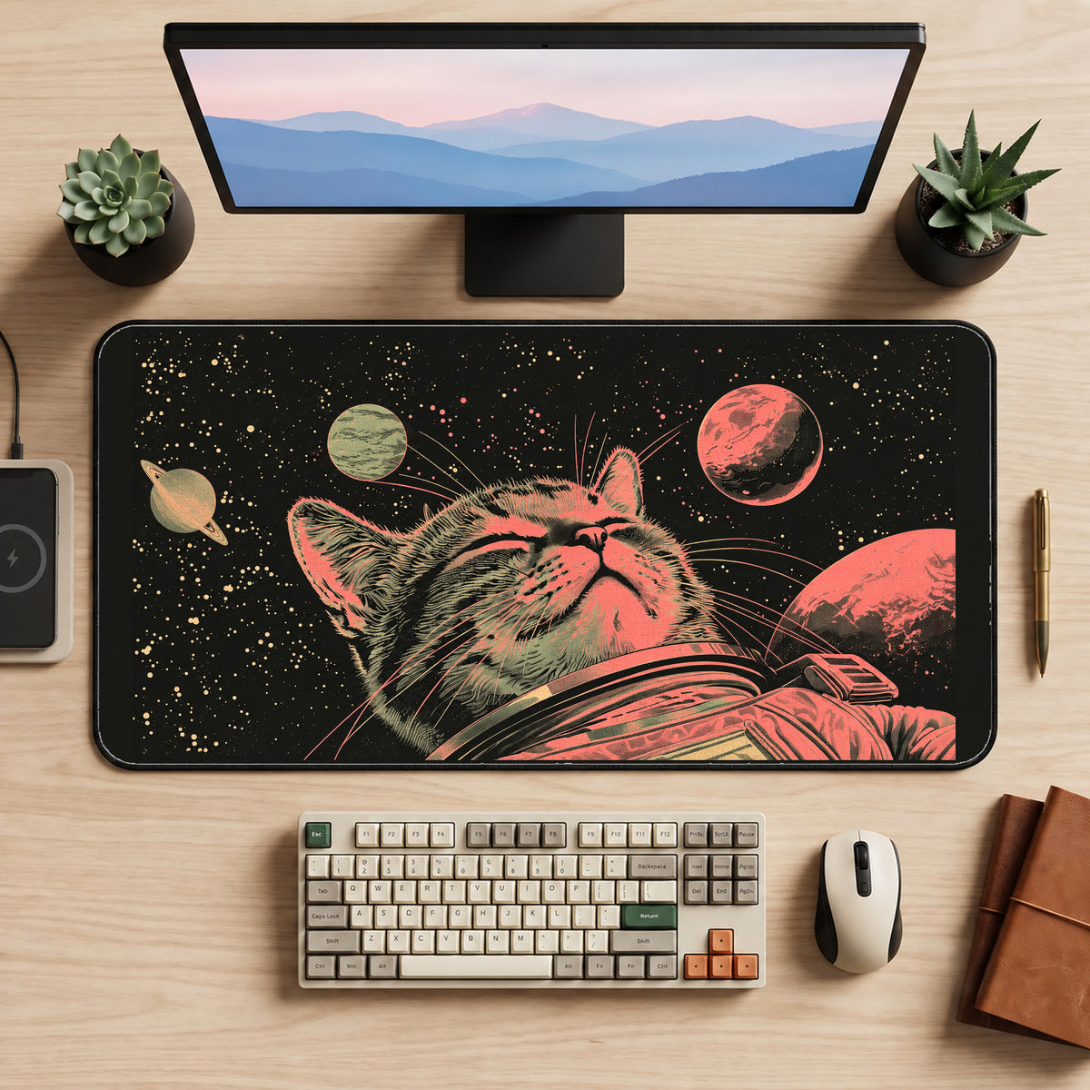 Astronaut Cat among Red Planets desk mat — product mockup 2