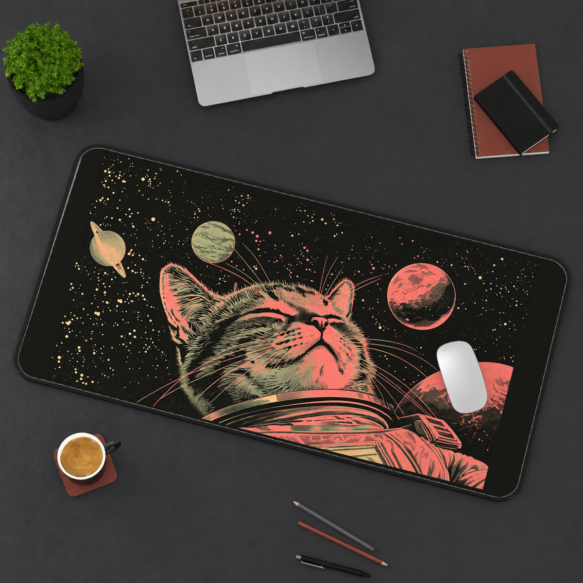Astronaut Cat among Red Planets desk mat — product mockup 3