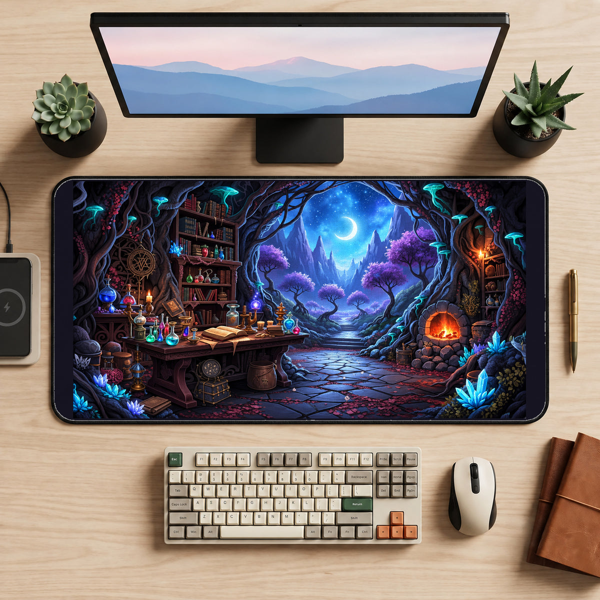 Wizard Study and Moonlit Woods desk mat — product mockup 2