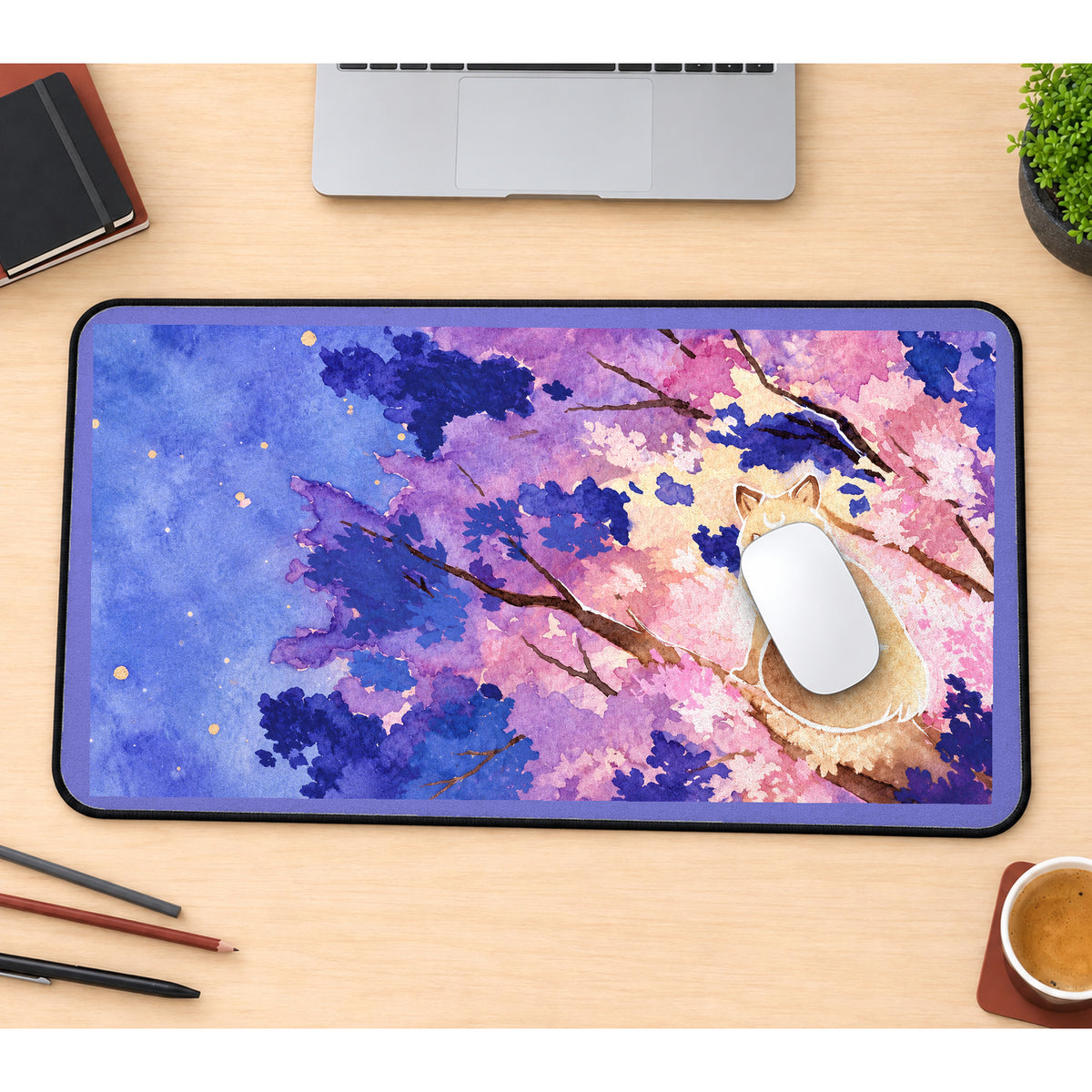 Golden Fox in Pink Sakura desk mat — product mockup 1