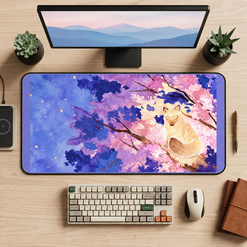 Golden Fox in Pink Sakura desk mat — product mockup 2