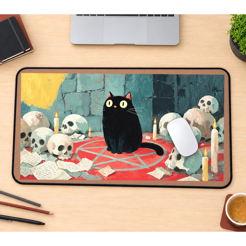 Black Cat in a Candlelit Skull Circle desk mat — product mockup 1