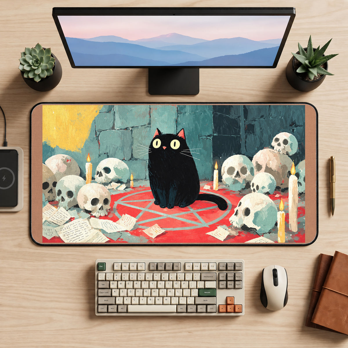 Black Cat in a Candlelit Skull Circle desk mat — product mockup 2