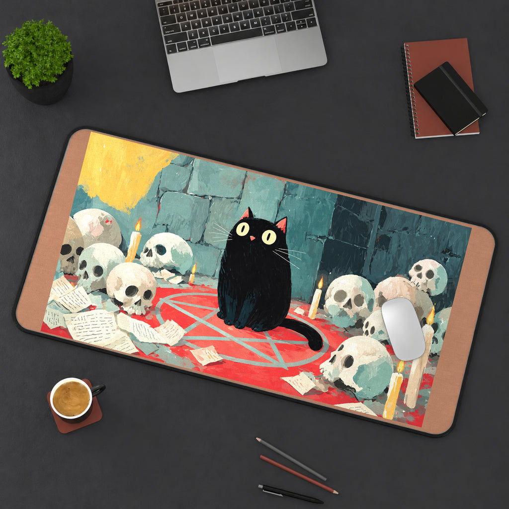 Black Cat in a Candlelit Skull Circle desk mat — product mockup 3