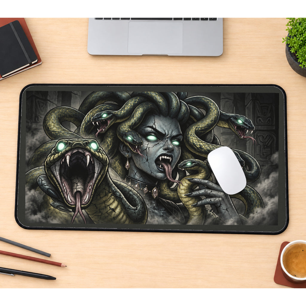 Snake Haired Gorgon and Open Fangs desk mat — product mockup 1
