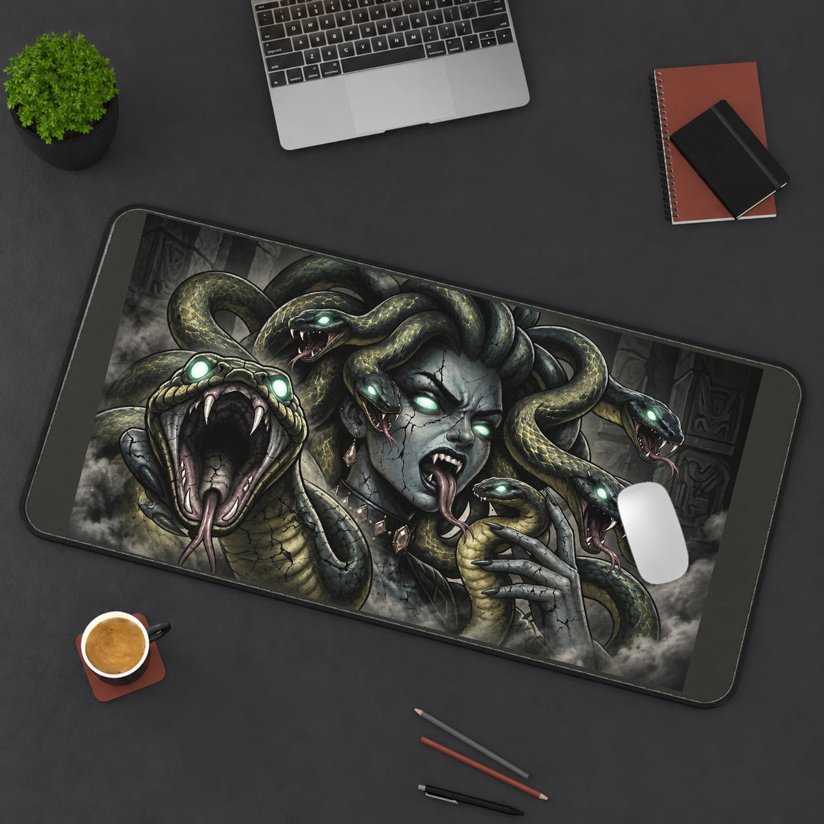 Snake Haired Gorgon and Open Fangs desk mat — product mockup 3