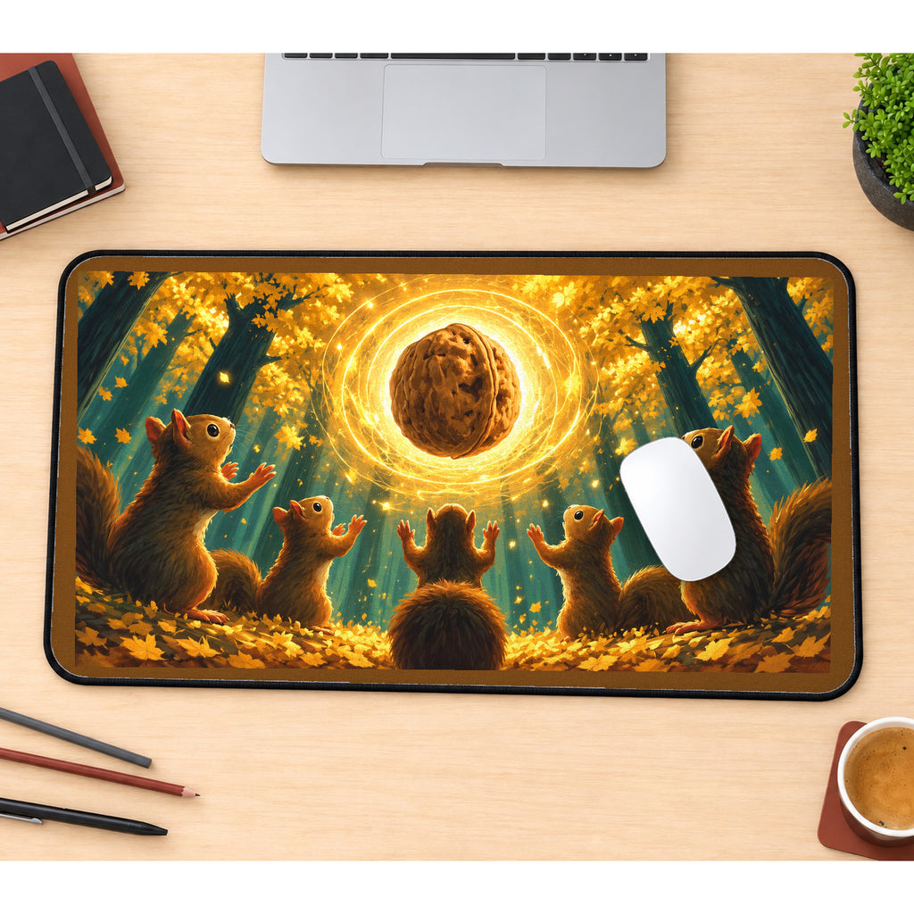 Squirrels beneath a Glowing Walnut desk mat — product mockup 1