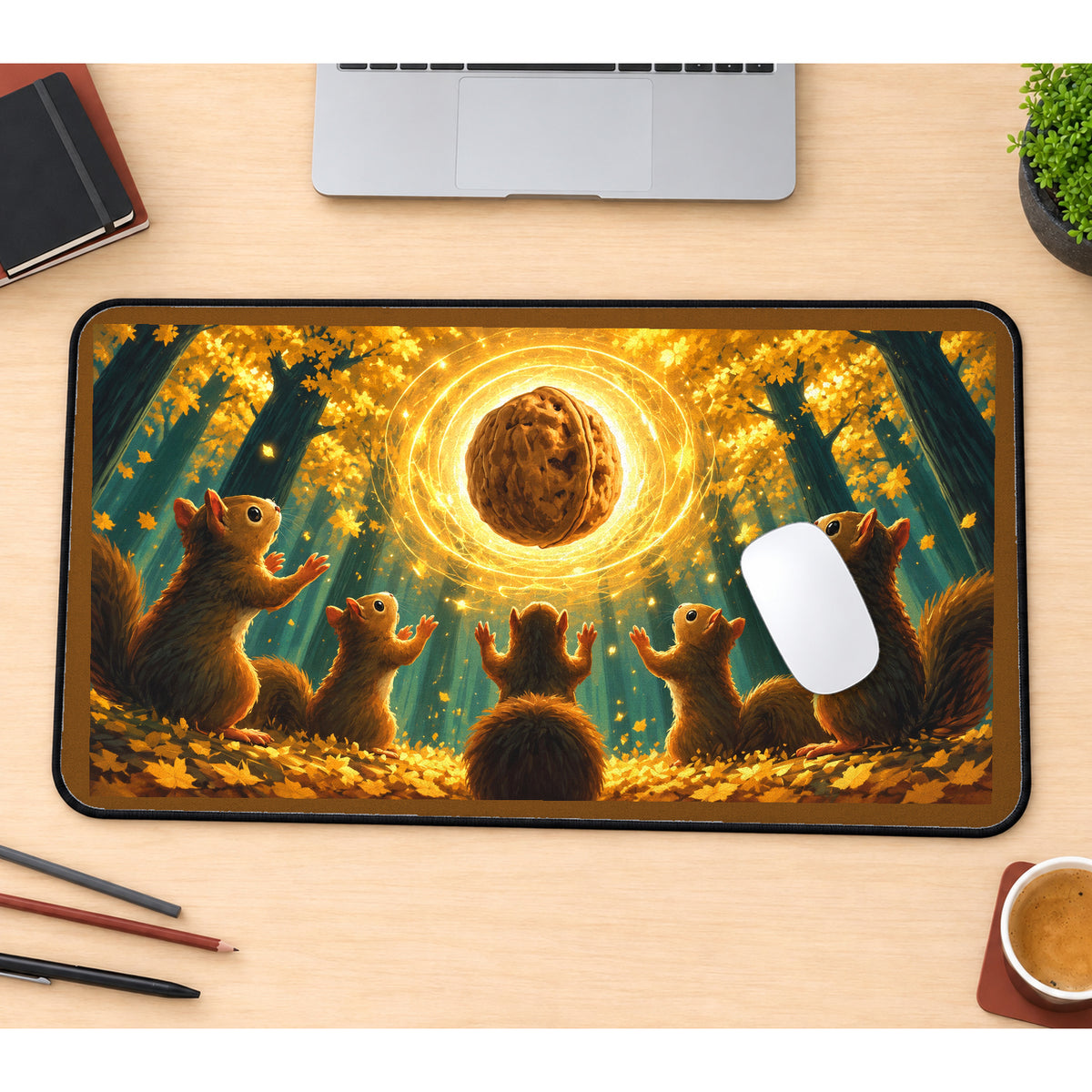 Squirrels beneath a Glowing Walnut desk mat — product mockup 1
