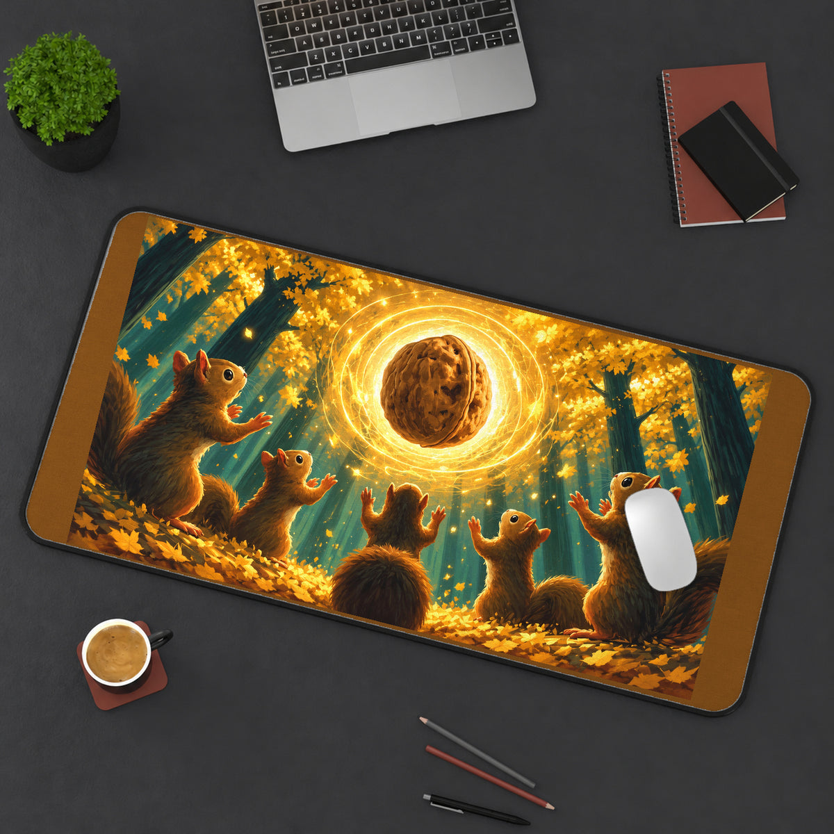 Squirrels beneath a Glowing Walnut desk mat — product mockup 3