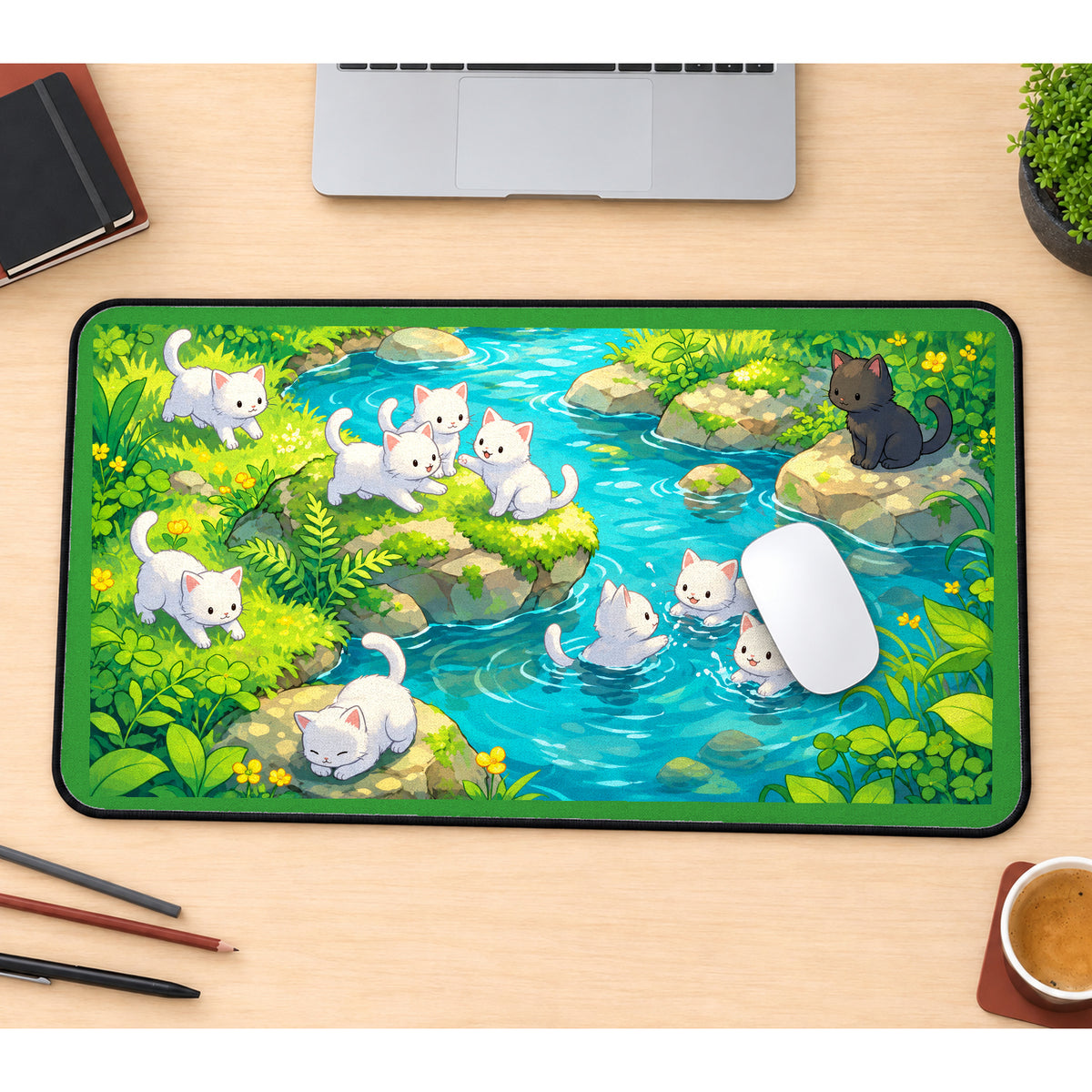 White Kittens beside a Blue Stream desk mat — product mockup 1