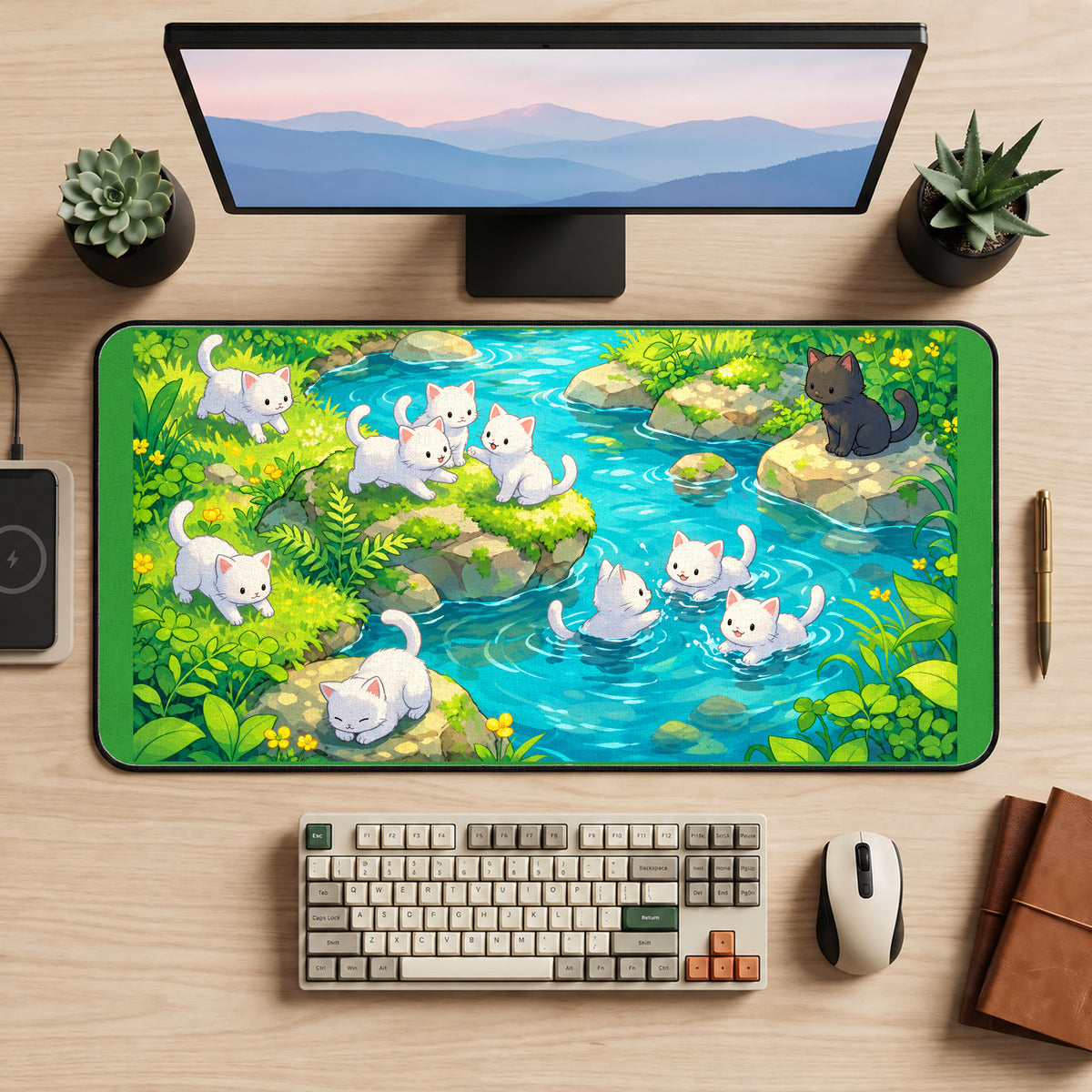 White Kittens beside a Blue Stream desk mat — product mockup 2