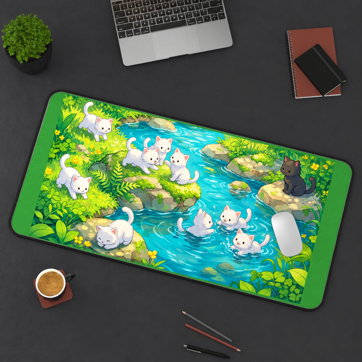 White Kittens beside a Blue Stream desk mat — product mockup 3