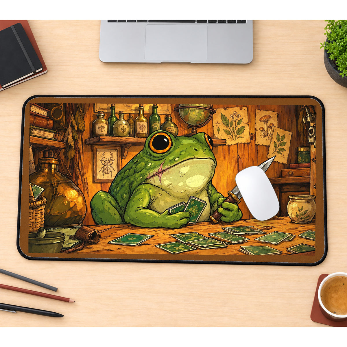 Frog Merchant at a Card Table desk mat — product mockup 1