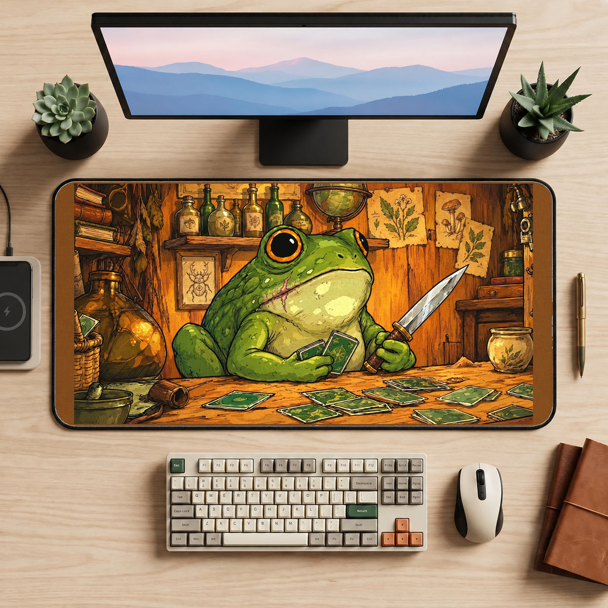 Frog Merchant at a Card Table desk mat — product mockup 2