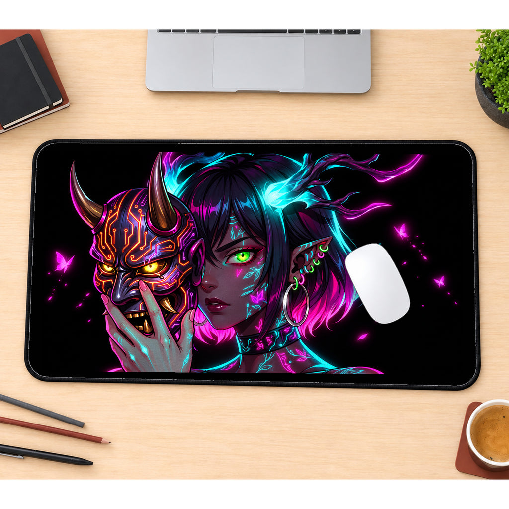 Neon Oni Mask and Horned Woman desk mat — product mockup 1