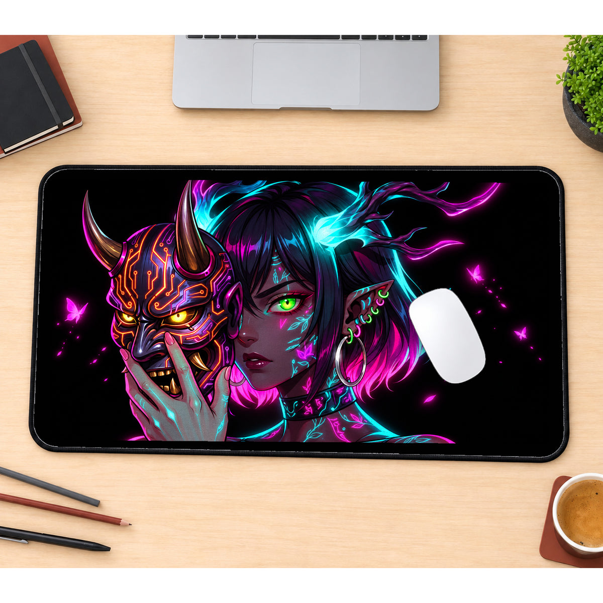 Neon Oni Mask and Horned Woman desk mat — product mockup 1