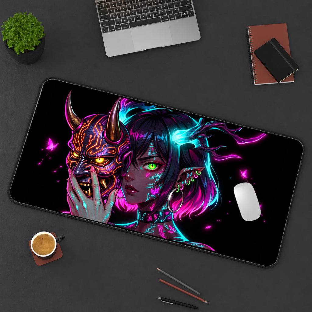 Neon Oni Mask and Horned Woman desk mat — product mockup 3
