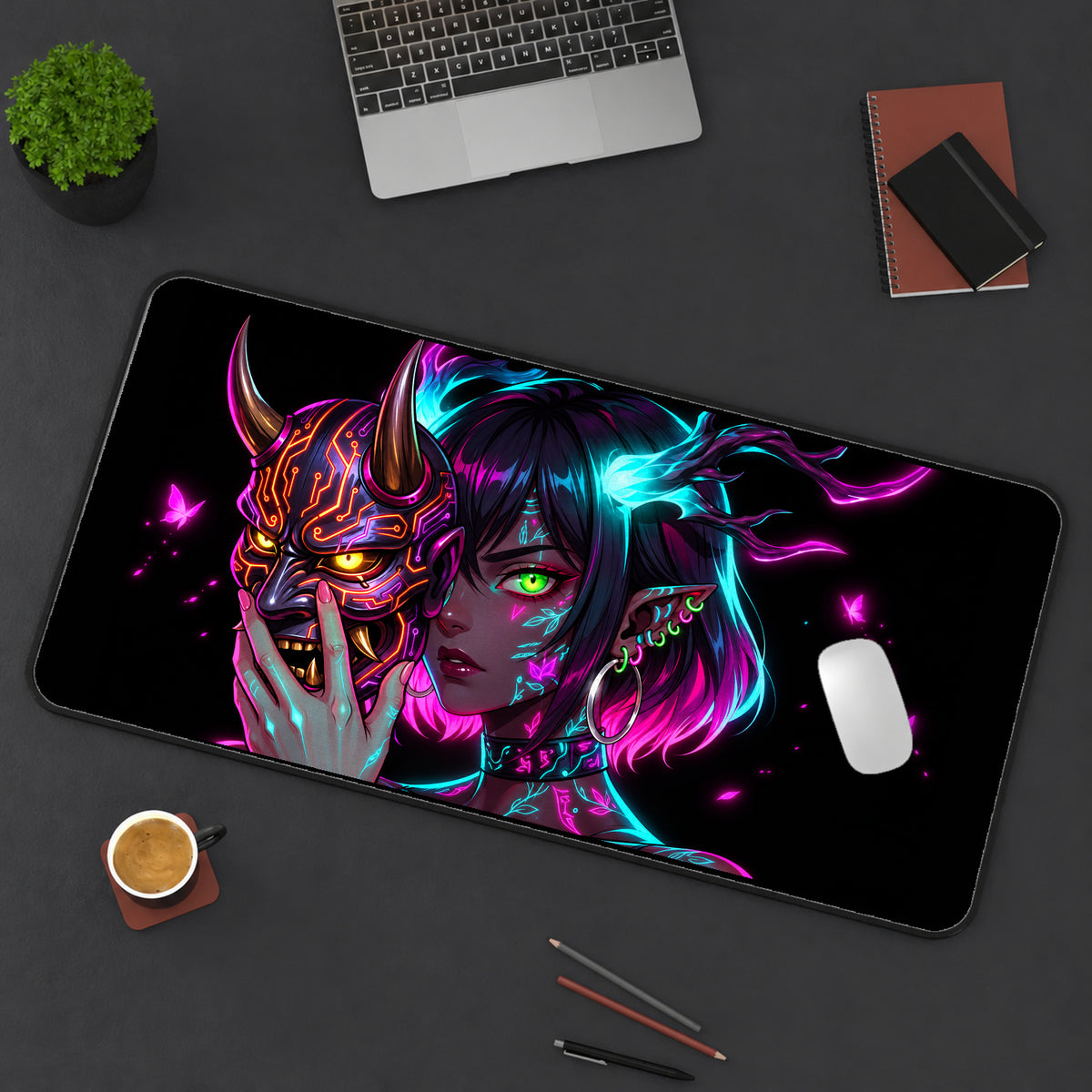 Neon Oni Mask and Horned Woman desk mat — product mockup 3