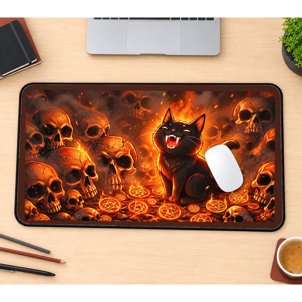 Grinning Black Cat and Burning Skulls desk mat — product mockup 1