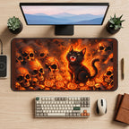 Grinning Black Cat and Burning Skulls desk mat — product mockup 2