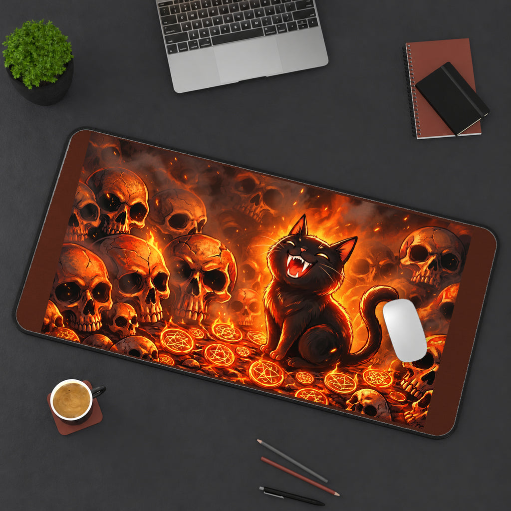 Grinning Black Cat and Burning Skulls desk mat — product mockup 3