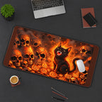 Grinning Black Cat and Burning Skulls desk mat — product mockup 3