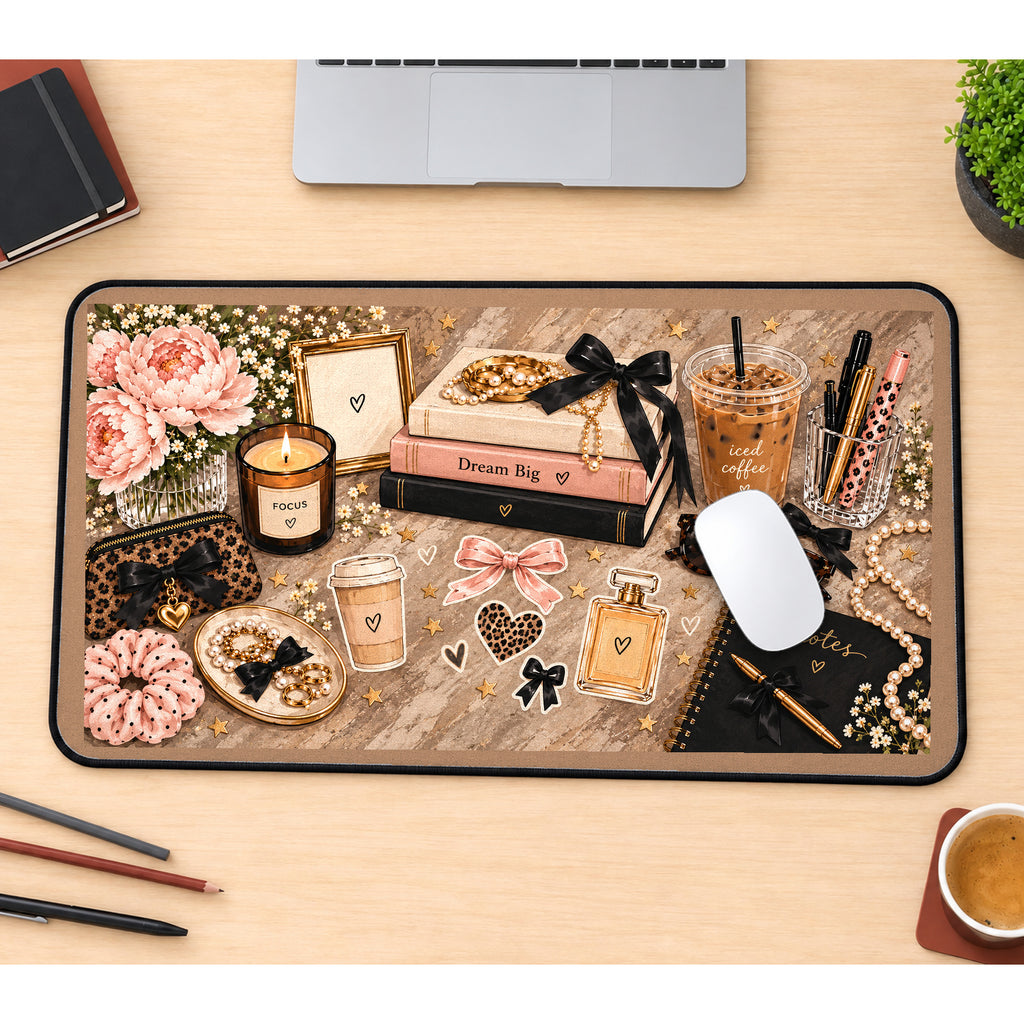 Cozy Coffee and Bows desk mat — product mockup 1