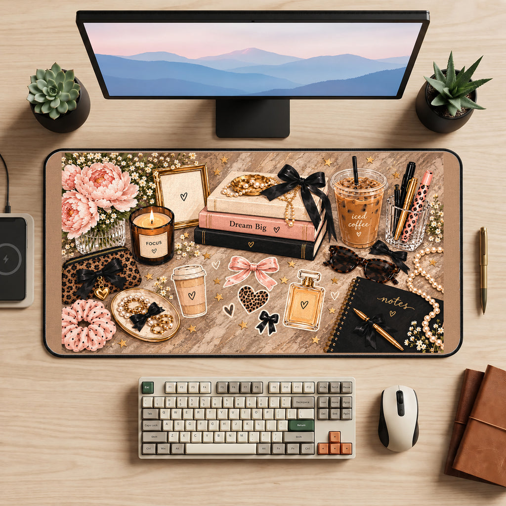 Cozy Coffee and Bows desk mat — product mockup 2