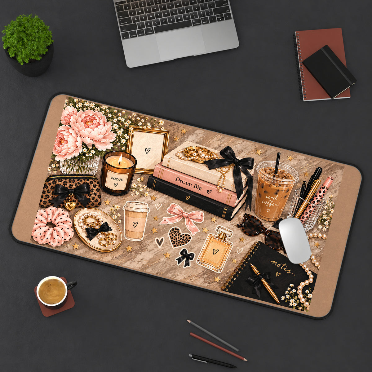 Cozy Coffee and Bows desk mat — product mockup 3