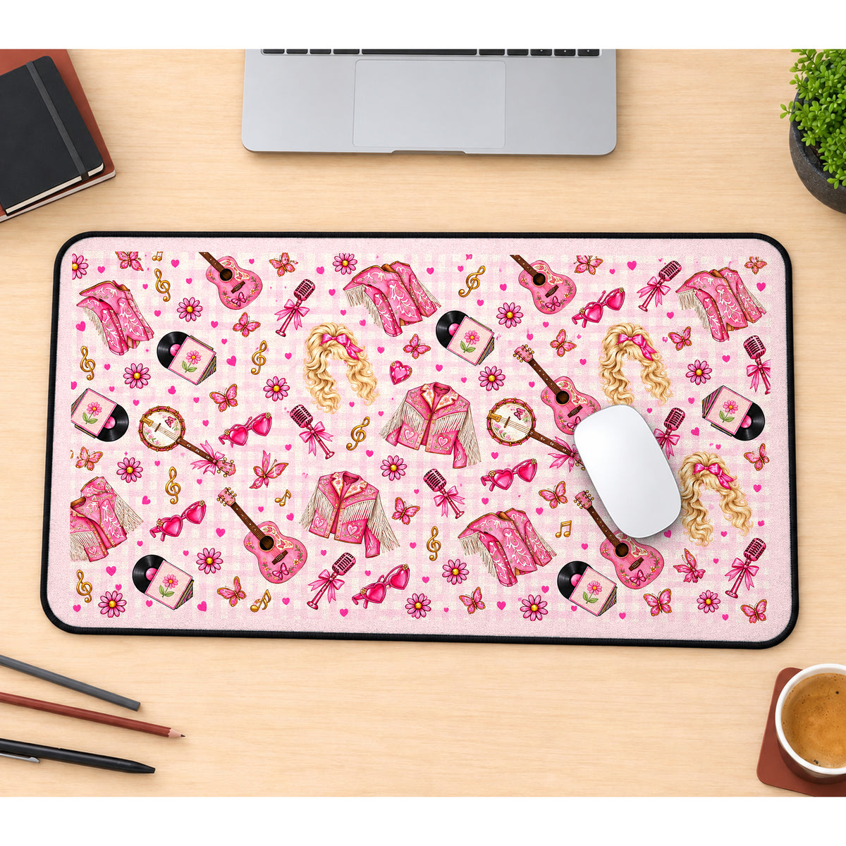 Pink Cowgirl Music Pattern desk mat — product mockup 1