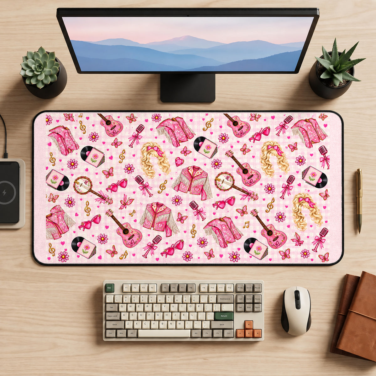 Pink Cowgirl Music Pattern desk mat — product mockup 2