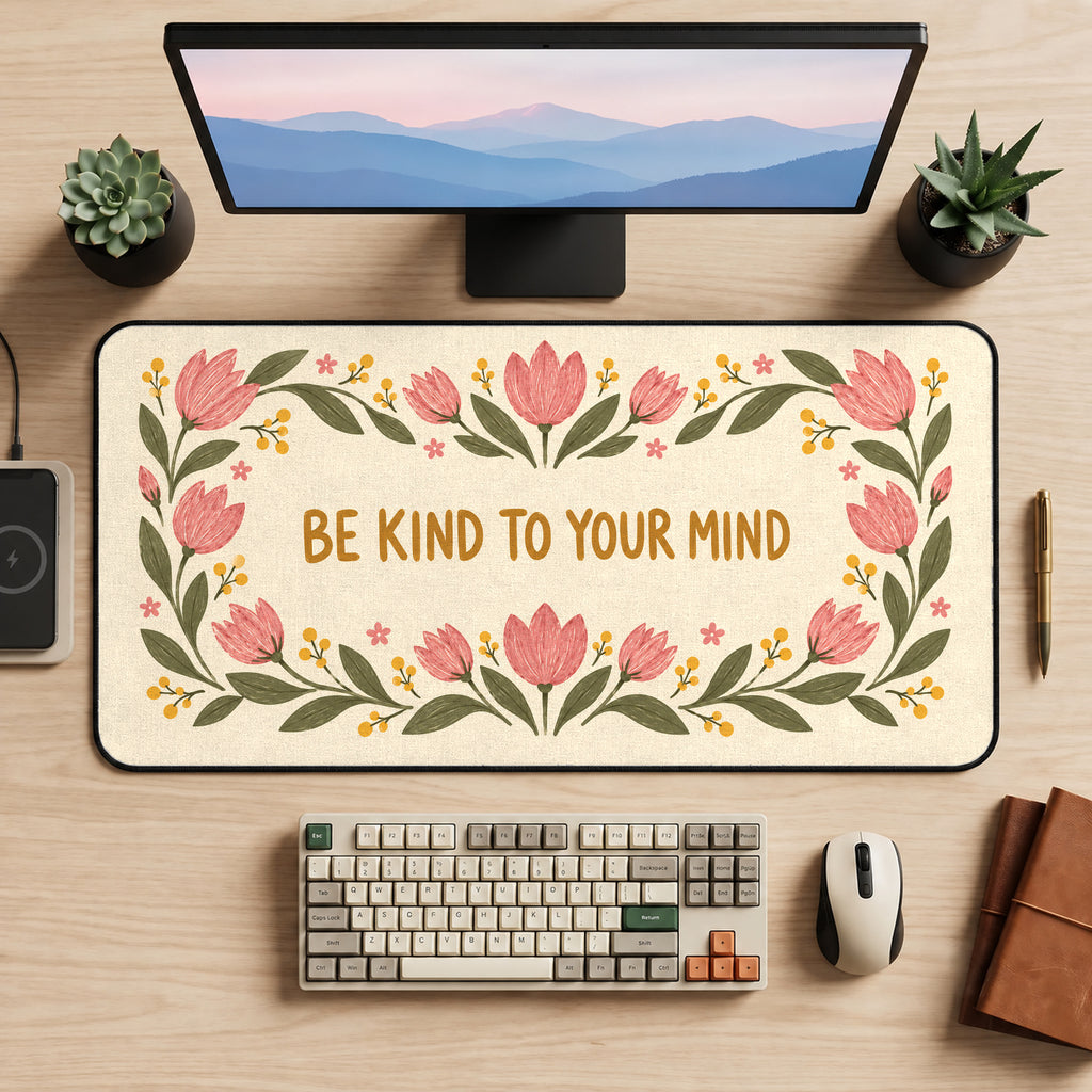 Be Kind to Your Mind Tulips desk mat — product mockup 2