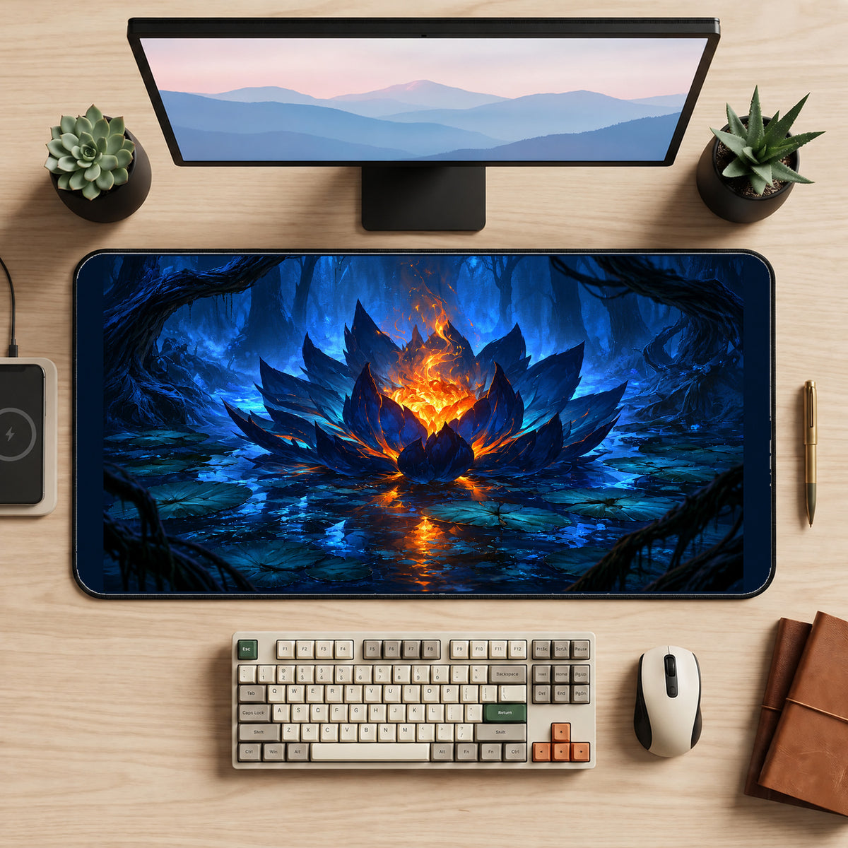 Blue Lotus with a Fiery Center desk mat — product mockup 2